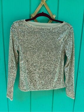 NWT Loft Sequin Long Sleeve Tee in Silver Shimmer Women's Size MP